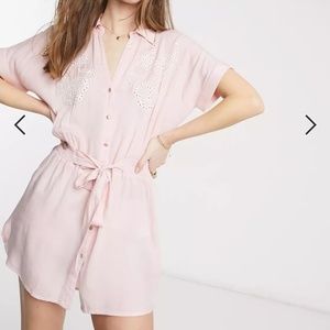 River Island cutwork mini beach shirt dress in pin